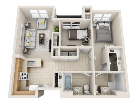 A 3D floor plan of a small apartment with a kitchen, living room, and bathroom.